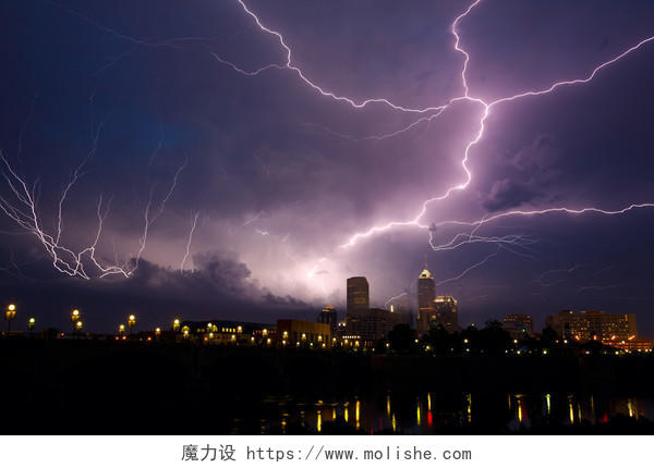 自然天气雷电下的城市夜景世界气象日